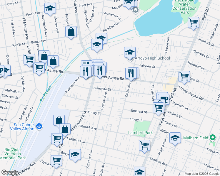 map of restaurants, bars, coffee shops, grocery stores, and more near 11109 Ranchito Street in El Monte