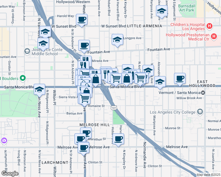 map of restaurants, bars, coffee shops, grocery stores, and more near in Los Angeles