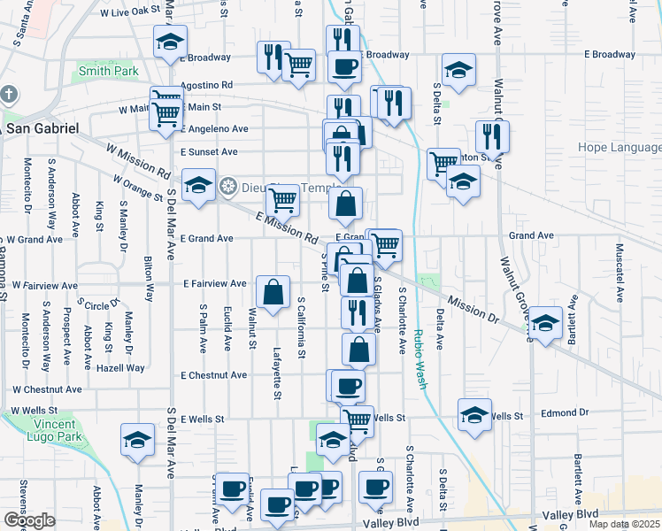map of restaurants, bars, coffee shops, grocery stores, and more near 928 South Pine Street in San Gabriel