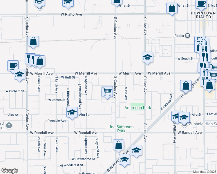 map of restaurants, bars, coffee shops, grocery stores, and more near 711 West Carter Street in Rialto