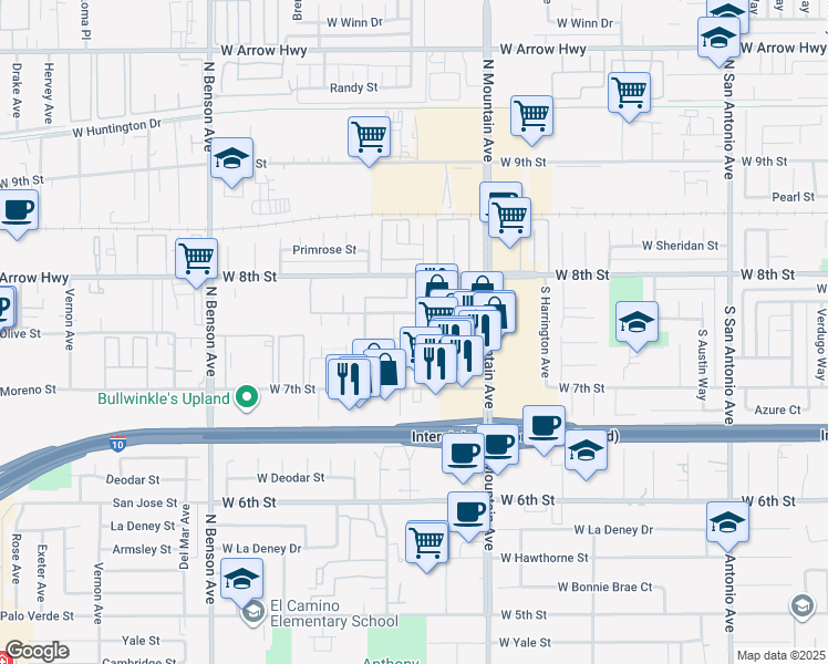 map of restaurants, bars, coffee shops, grocery stores, and more near 300 Stillman Avenue in Upland