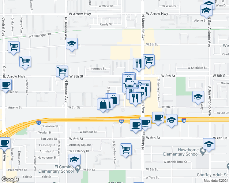 map of restaurants, bars, coffee shops, grocery stores, and more near 300 Stillman Avenue in Upland