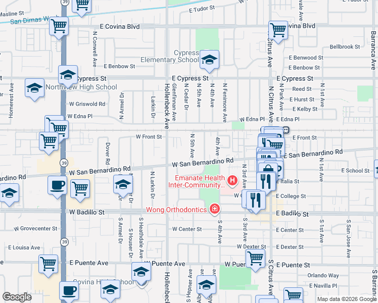 map of restaurants, bars, coffee shops, grocery stores, and more near 527 North 5th Avenue in Covina