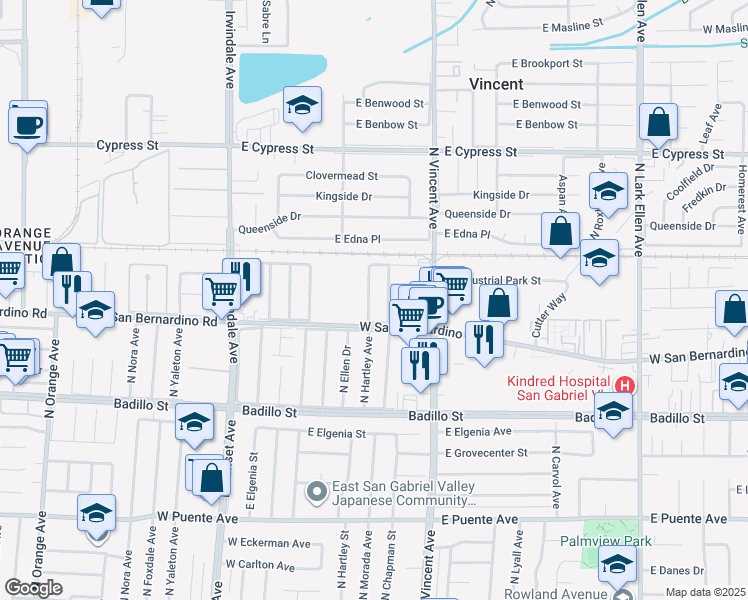 map of restaurants, bars, coffee shops, grocery stores, and more near 4227 North Hartley Avenue in Covina