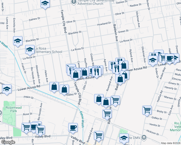 map of restaurants, bars, coffee shops, grocery stores, and more near 9711 Windsor Lane in Temple City