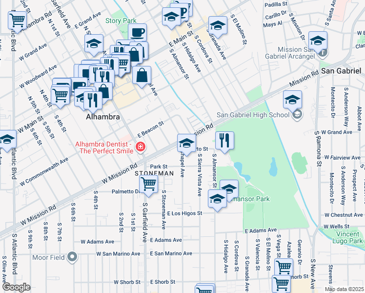 map of restaurants, bars, coffee shops, grocery stores, and more near in Alhambra