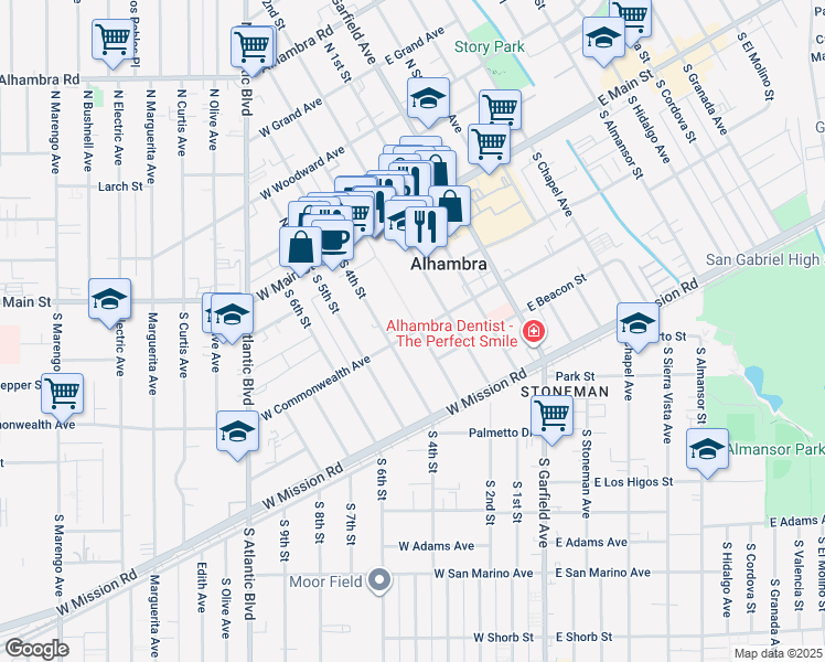 map of restaurants, bars, coffee shops, grocery stores, and more near 302 West Commonwealth Avenue in Alhambra