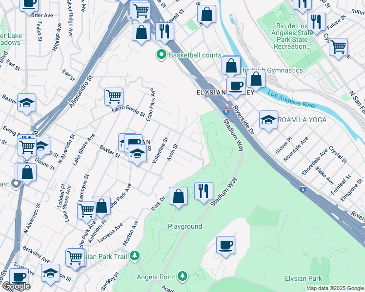 map of restaurants, bars, coffee shops, grocery stores, and more near 1471 Avon Park Terrace in Los Angeles