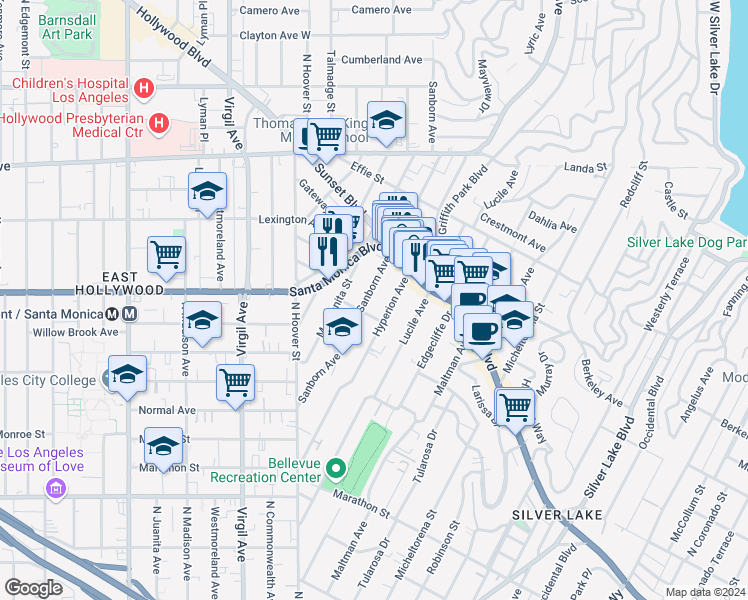 map of restaurants, bars, coffee shops, grocery stores, and more near 1016 Sanborn Avenue in Los Angeles