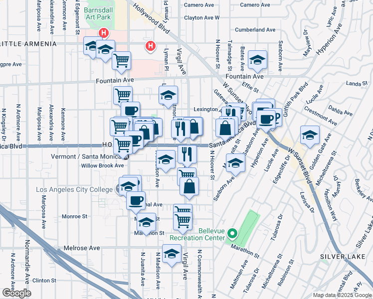 map of restaurants, bars, coffee shops, grocery stores, and more near in Los Angeles