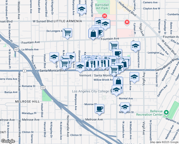 map of restaurants, bars, coffee shops, grocery stores, and more near in Los Angeles