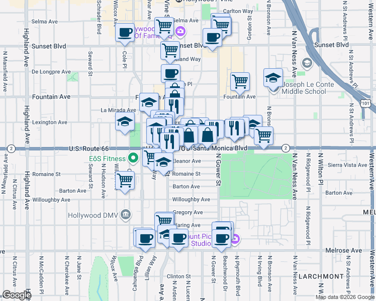 map of restaurants, bars, coffee shops, grocery stores, and more near 6212 Santa Monica Boulevard in Los Angeles