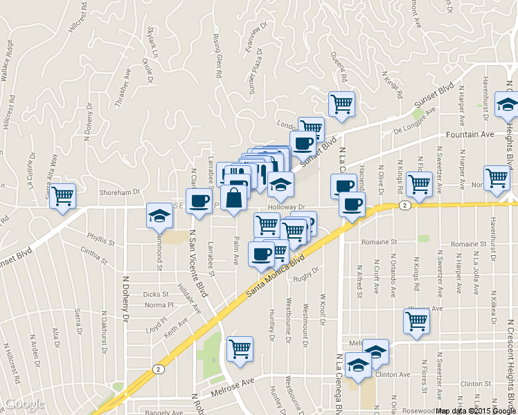 map of restaurants, bars, coffee shops, grocery stores, and more near 8701-8729 Holloway Drive in West Hollywood