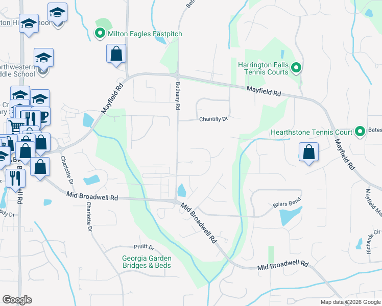 map of restaurants, bars, coffee shops, grocery stores, and more near 1380 Chelsey Lane in Alpharetta