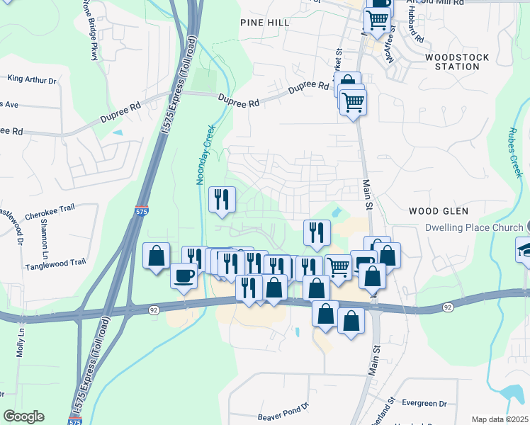 map of restaurants, bars, coffee shops, grocery stores, and more near 603 Brashy Street in Woodstock