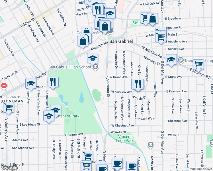 map of restaurants, bars, coffee shops, grocery stores, and more near 925 South Ramona Street in San Gabriel