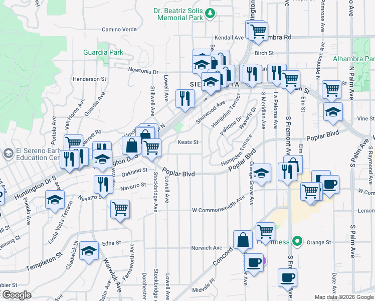 map of restaurants, bars, coffee shops, grocery stores, and more near 3949 Stockbridge Avenue in Los Angeles