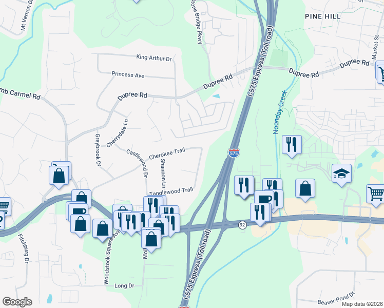 map of restaurants, bars, coffee shops, grocery stores, and more near 3010 Cherokee Trail in Woodstock