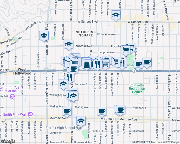 map of restaurants, bars, coffee shops, grocery stores, and more near in West Hollywood