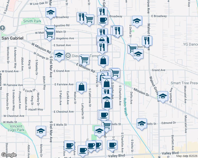 map of restaurants, bars, coffee shops, grocery stores, and more near 928 South Pine Street in San Gabriel