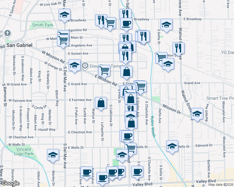 map of restaurants, bars, coffee shops, grocery stores, and more near 928 South Pine Street in San Gabriel