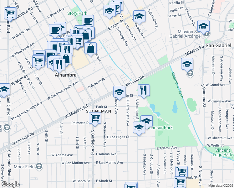 map of restaurants, bars, coffee shops, grocery stores, and more near in Alhambra