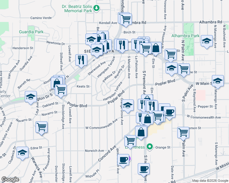 map of restaurants, bars, coffee shops, grocery stores, and more near 234 Hampden Terrace in Alhambra