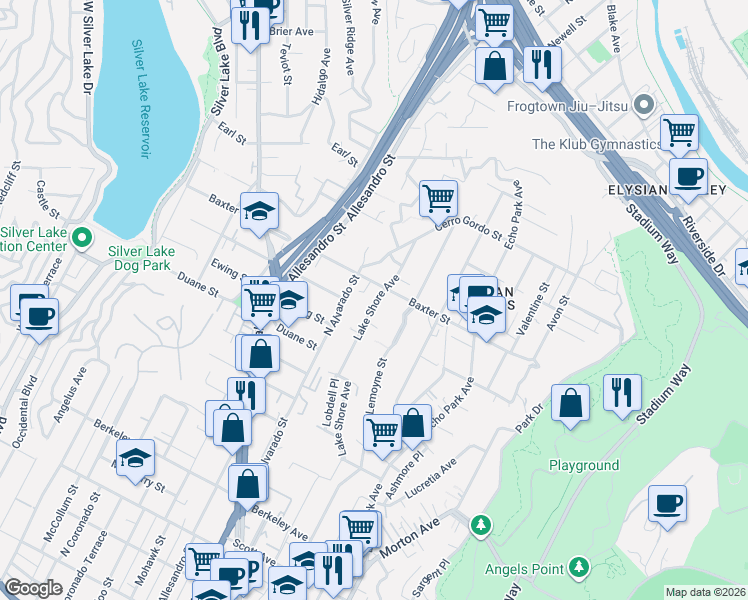 map of restaurants, bars, coffee shops, grocery stores, and more near 2042 Lake Shore Avenue in Los Angeles