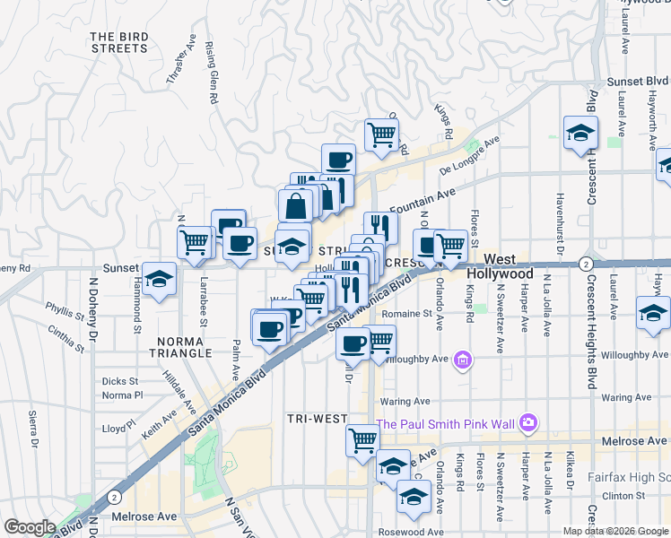 map of restaurants, bars, coffee shops, grocery stores, and more near 8558 Holloway Drive in West Hollywood