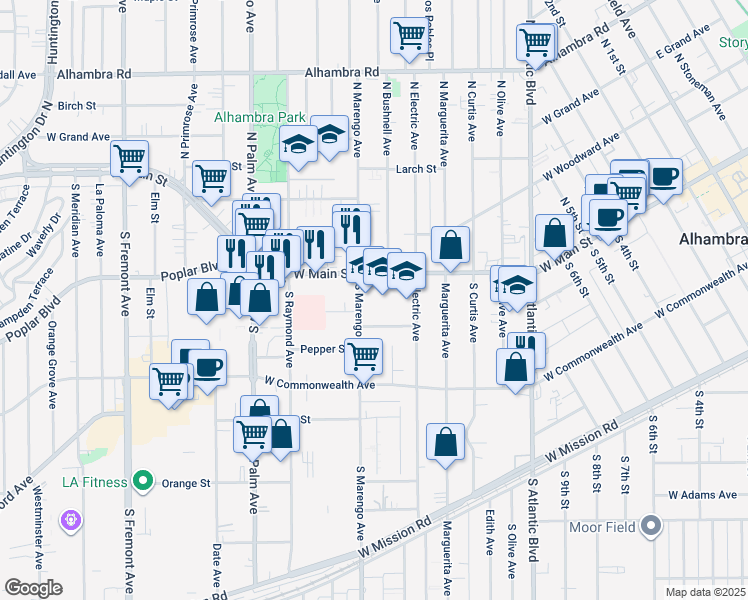map of restaurants, bars, coffee shops, grocery stores, and more near 20 South Marengo Avenue in Alhambra
