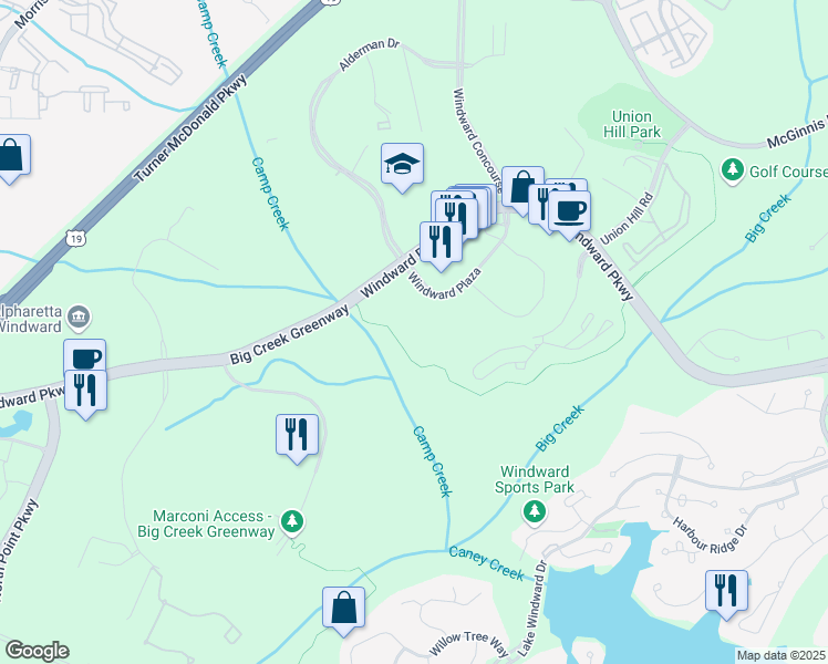 map of restaurants, bars, coffee shops, grocery stores, and more near 3025 Windward Plaza in Alpharetta