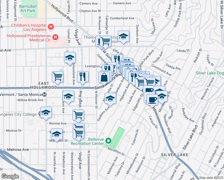 map of restaurants, bars, coffee shops, grocery stores, and more near 4019 Del Mar Avenue in Los Angeles