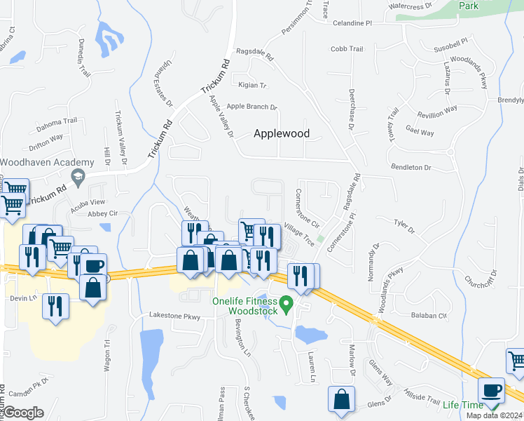 map of restaurants, bars, coffee shops, grocery stores, and more near 308 Sam Cobb Place in Woodstock