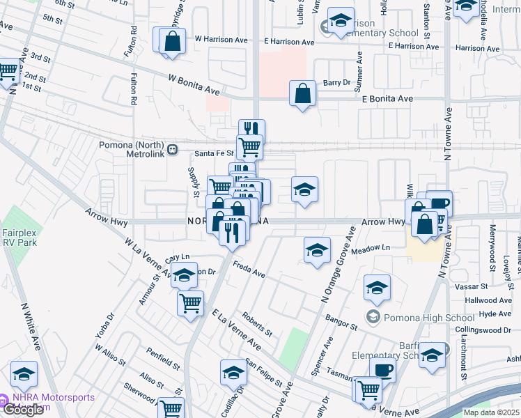 map of restaurants, bars, coffee shops, grocery stores, and more near 2372 North Garey Avenue in Pomona