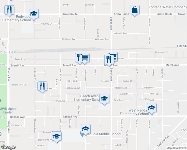 map of restaurants, bars, coffee shops, grocery stores, and more near 8972 Carob Street in Fontana