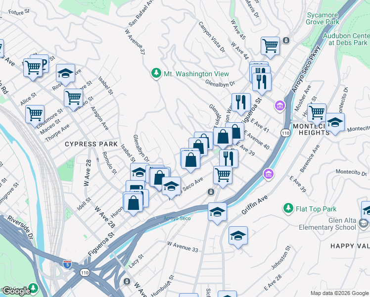 map of restaurants, bars, coffee shops, grocery stores, and more near Isabel Street in Los Angeles