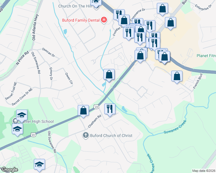 map of restaurants, bars, coffee shops, grocery stores, and more near 1328 U.S. 23 in Buford