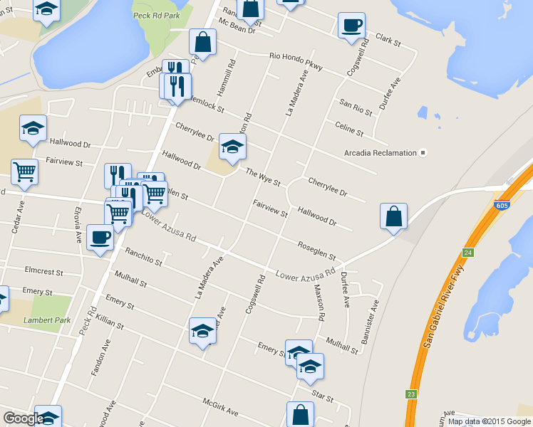 map of restaurants, bars, coffee shops, grocery stores, and more near 11928 Fairview Street in El Monte
