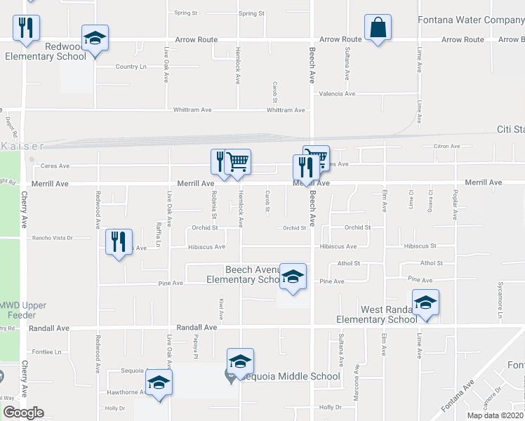 map of restaurants, bars, coffee shops, grocery stores, and more near 8972 Carob Street in Fontana