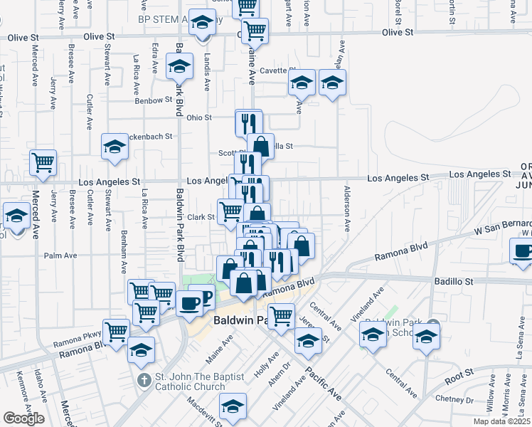 map of restaurants, bars, coffee shops, grocery stores, and more near 4303 Maupin Avenue in Baldwin Park