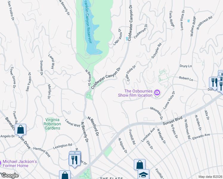 map of restaurants, bars, coffee shops, grocery stores, and more near 1000 North Alpine Drive in Beverly Hills