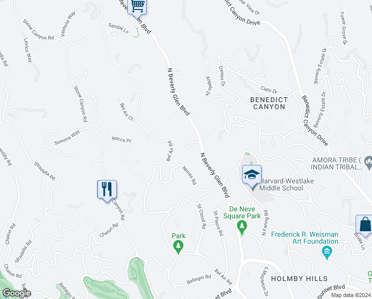 map of restaurants, bars, coffee shops, grocery stores, and more near 863 North Beverly Glen Boulevard in Los Angeles