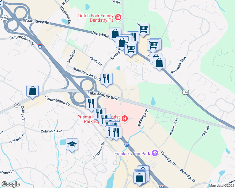 map of restaurants, bars, coffee shops, grocery stores, and more near 1170 Kinley Road in Irmo