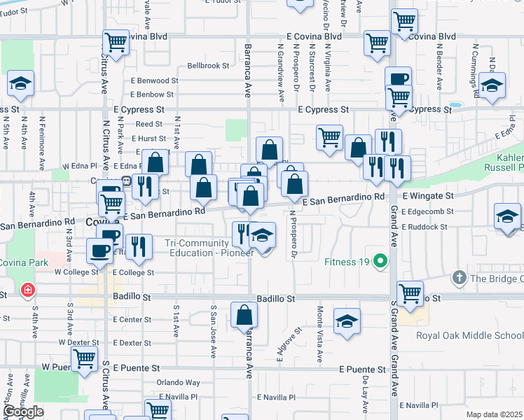 map of restaurants, bars, coffee shops, grocery stores, and more near 524 East San Bernardino Road in Covina