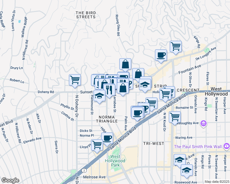 map of restaurants, bars, coffee shops, grocery stores, and more near Larrabee Street in West Hollywood
