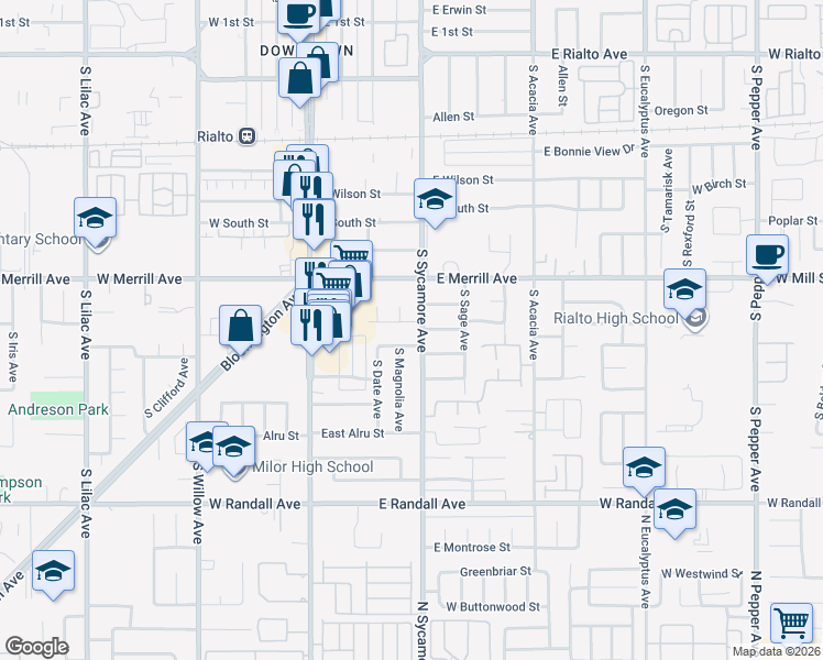 map of restaurants, bars, coffee shops, grocery stores, and more near 311 East Carter Street in Rialto