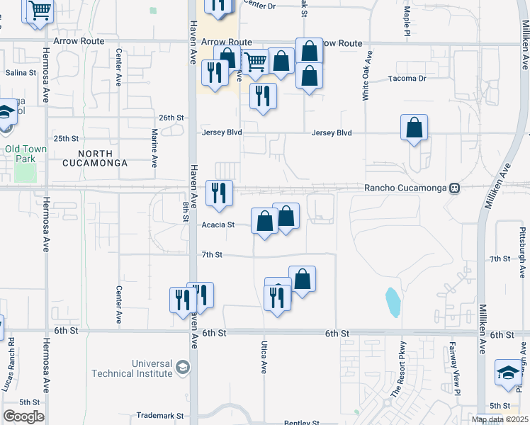 map of restaurants, bars, coffee shops, grocery stores, and more near 10664 Acacia Street in Rancho Cucamonga