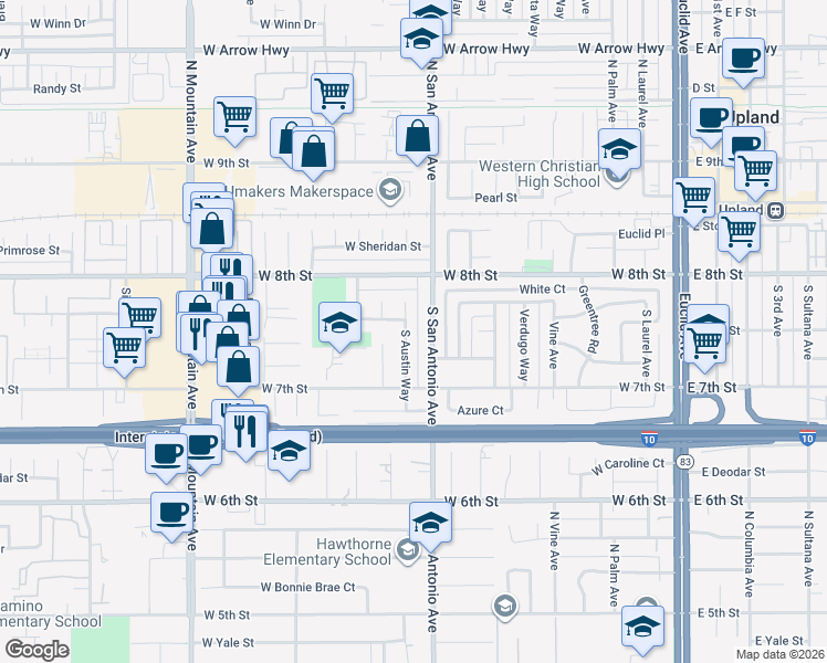 map of restaurants, bars, coffee shops, grocery stores, and more near 314 South Austin Way in Upland