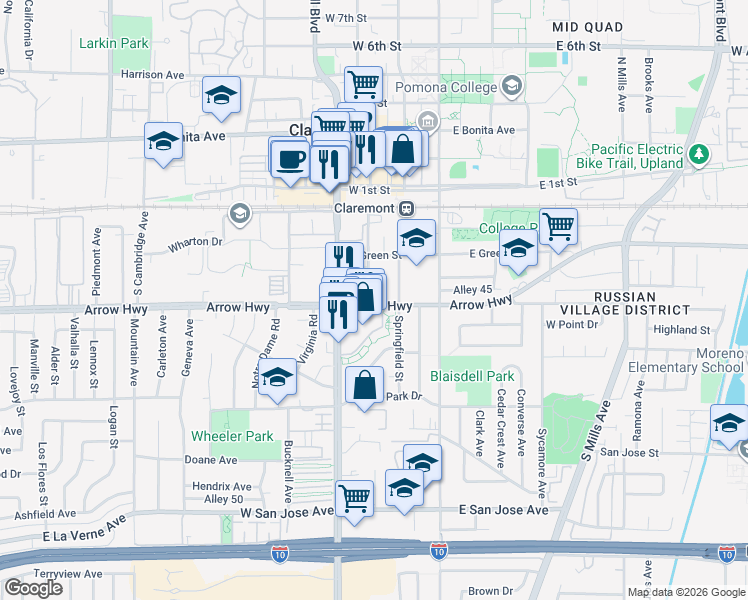 map of restaurants, bars, coffee shops, grocery stores, and more near 266 Olive Street in Claremont