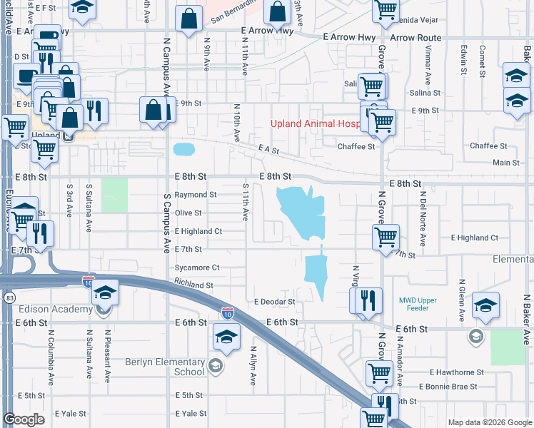 map of restaurants, bars, coffee shops, grocery stores, and more near 306 Settlers Road in Upland